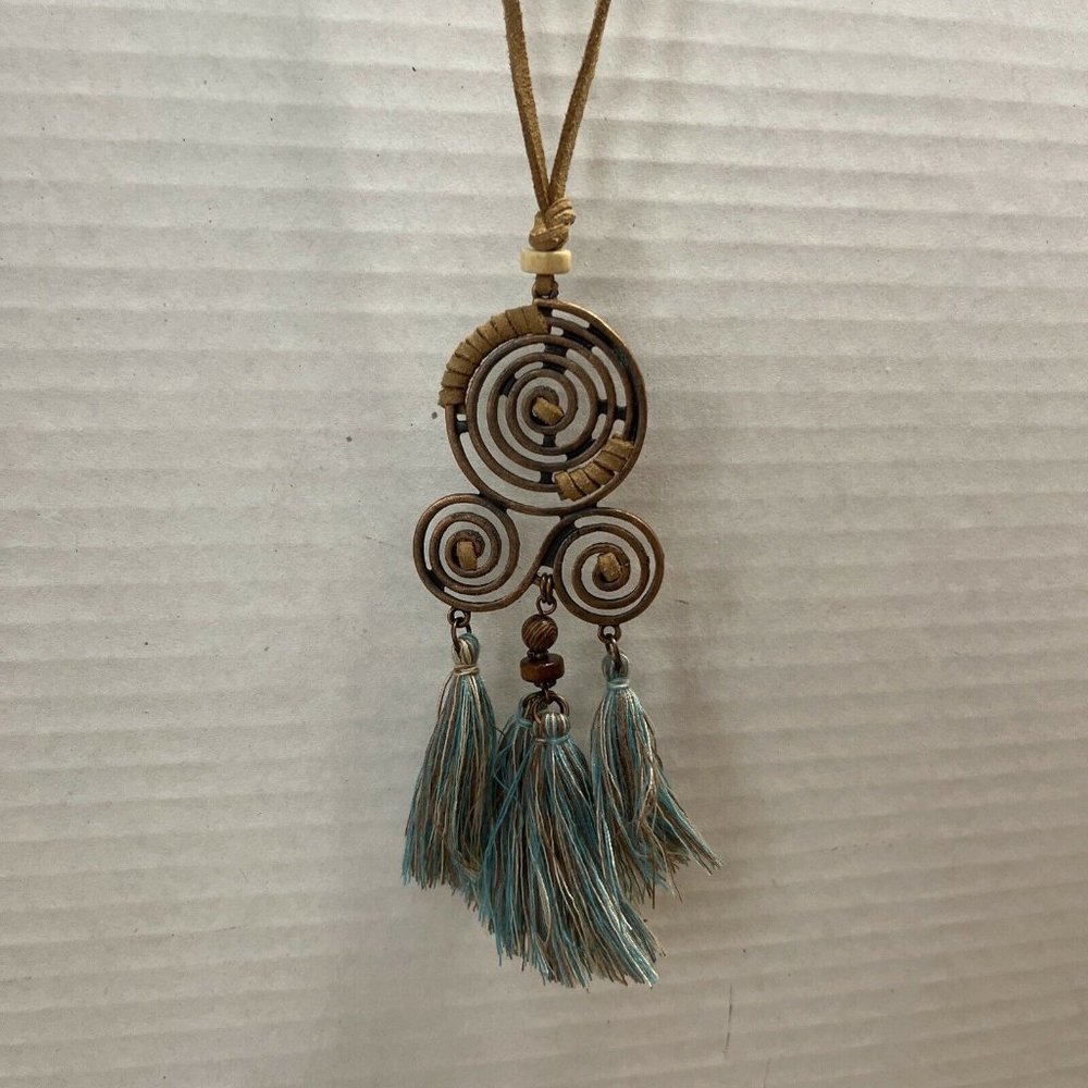 NWOT Womens leather‎ corded blue brown tassle BOHO statement necklace B